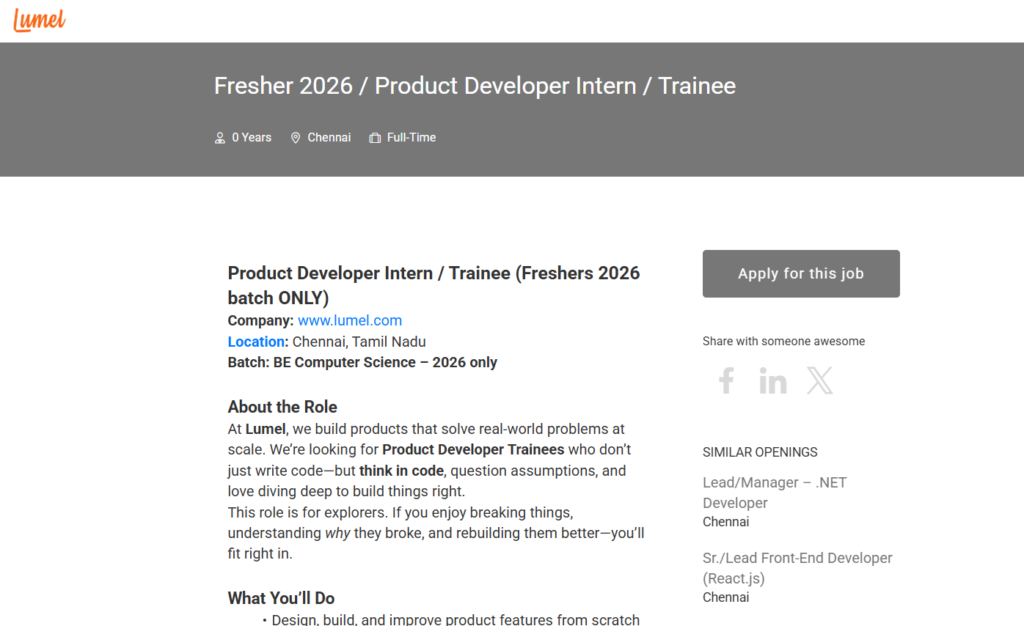 Fresher 2026 Product Developer Intern